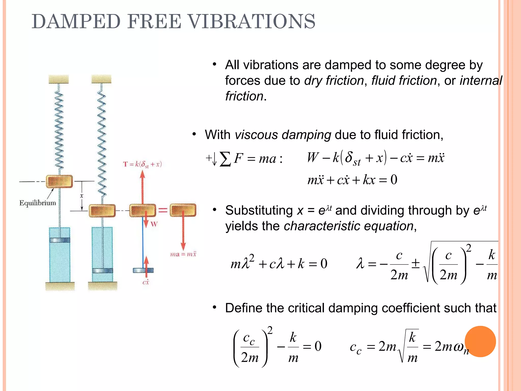 DAMPED FREE VIBRATIONS
19 - 60
• With viscous damping due to fluid friction,
:maF =∑ ( )
0=++
=−+−
kxxcxm
xmxcxkW st

δ
• Substituting x = eλt
and dividing through by eλt
yields the characteristic equation,
m
k
m
c
m
c
kcm −





±−==++
2
2
22
0 λλλ
• Define the critical damping coefficient such that
nc
c m
m
k
mc
m
k
m
c
ω220
2
2
===−





• All vibrations are damped to some degree by
forces due to dry friction, fluid friction, or internal
friction.
 