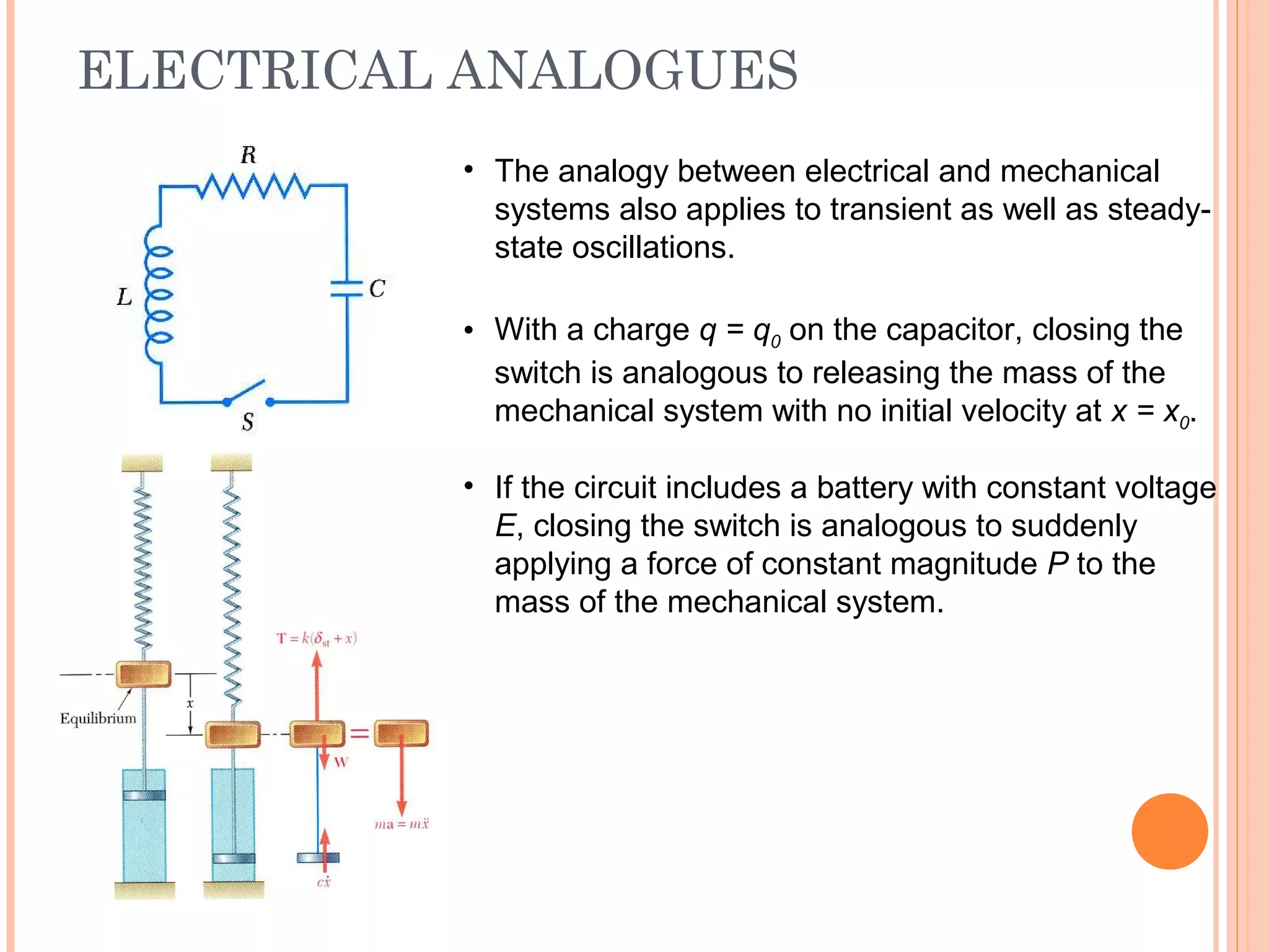 ELECTRICAL ANALOGUES
19 - 64
• The analogy between electrical and mechanical
systems also applies to transient as well as steady-
state oscillations.
• With a charge q = q0 on the capacitor, closing the
switch is analogous to releasing the mass of the
mechanical system with no initial velocity at x = x0.
• If the circuit includes a battery with constant voltage
E, closing the switch is analogous to suddenly
applying a force of constant magnitude P to the
mass of the mechanical system.
 