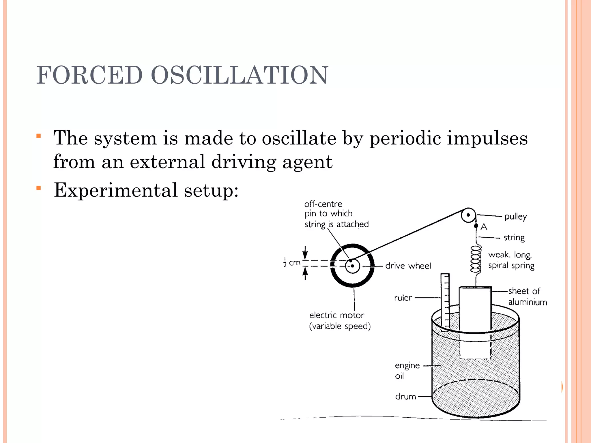 FORCED OSCILLATION
 The system is made to oscillate by periodic impulses
from an external driving agent
 Experimental setup:
 