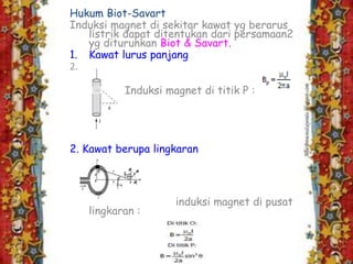 Hukum Biot-Savart
Induksi magnet di sekitar kawat yg berarus
listrik dapat ditentukan dari persamaan2
yg diturunkan Biot & Savart.
1. Kawat lurus panjang
2.
Induksi magnet di titik P :
2. Kawat berupa lingkaran
induksi magnet di pusat
lingkaran :
 