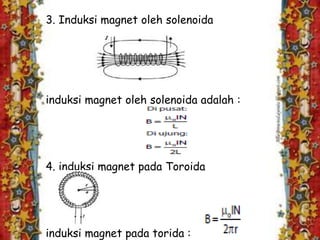 3. Induksi magnet oleh solenoida
induksi magnet oleh solenoida adalah :
4. induksi magnet pada Toroida
induksi magnet pada torida :
 