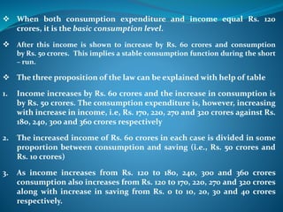  When both consumption expenditure and income equal Rs. 120
crores, it is the basic consumption level.
 After this income is shown to increase by Rs. 60 crores and consumption
by Rs. 50 crores. This implies a stable consumption function during the short
– run.
 The three proposition of the law can be explained with help of table
1. Income increases by Rs. 60 crores and the increase in consumption is
by Rs. 50 crores. The consumption expenditure is, however, increasing
with increase in income, i.e, Rs. 170, 220, 270 and 320 crores against Rs.
180, 240, 300 and 360 crores respectively
2. The increased income of Rs. 60 crores in each case is divided in some
proportion between consumption and saving (i.e., Rs. 50 crores and
Rs. 10 crores)
3. As income increases from Rs. 120 to 180, 240, 300 and 360 crores
consumption also increases from Rs. 120 to 170, 220, 270 and 320 crores
along with increase in saving from Rs. 0 to 10, 20, 30 and 40 crores
respectively.
 