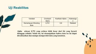 Uji Reabilitas
Alpha sebesar 0,751 yang artinya lebih besar dari 0,6 yang berarti
dianggap reliabel. Selain itu, ini menunjukkan bahwa item tes ini dapat
direalisasikan dan mampu memperoleh data yang konsisten.
Variabel Cronbach
Alpha
Koefisien Alpha Keteranga
n
Kemampuan Shooting
Bola
0,751 0,6 Reliabel
 