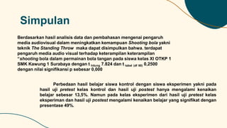 Simpulan
Perbedaan hasil belajar siswa kontrol dengan siswa eksperimen yakni pada
hasil uji pretest kelas kontrol dan hasil uji postest hanya mengalami kenaikan
belajar sebesar 13,5%. Namun pada kelas eksperimen dari hasil uji pretest kelas
eksperiman dan hasil uji postest mengalami kenaikan belajar yang signifikat dengan
presentase 49%.
Berdasarkan hasil analisis data dan pembahasan mengenai pengaruh
media audiovisual dalam meningkatkan kemampuan Shooting bola yakni
teknik The Standing Throw maka dapat disimpulkan bahwa. terdapat
pengaruh media audio visual terhadap keterampilan keterampilan
“shooting bola dalam permainan bola tangan pada siswa kelas XI OTKP 1
SMK Kawung 1 Surabaya dengan t hitung 7.824 dan t tabel (df 60) 0,2500
dengan nilai signifikansi p sebesar 0,000
 
