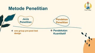 Metode Penelitian
Jenis
Penelitian
Pendekan
Penelitian
 one group pre-post test
design
 Pendekatan
Kuantitatif
 