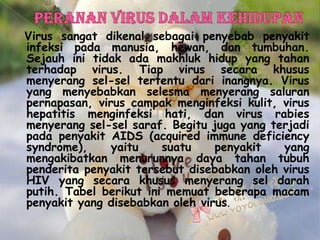 Virus sangat dikenal sebagai penyebab penyakit
infeksi pada manusia, hewan, dan tumbuhan.
Sejauh ini tidak ada makhluk hidup yang tahan
terhadap virus. Tiap virus secara khusus
menyerang sel-sel tertentu dari inangnya. Virus
yang menyebabkan selesma menyerang saluran
pernapasan, virus campak menginfeksi kulit, virus
hepatitis menginfeksi hati, dan virus rabies
menyerang sel-sel saraf. Begitu juga yang terjadi
pada penyakit AIDS (acquired immune deficiency
syndrome), yaitu suatu penyakit yang
mengakibatkan menurunnya daya tahan tubuh
penderita penyakit tersebut disebabkan oleh virus
HIV yang secara khusus menyerang sel darah
putih. Tabel berikut ini memuat beberapa macam
penyakit yang disebabkan oleh virus.
 