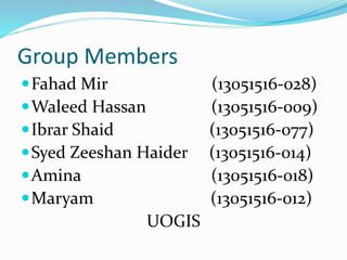 Group Members
Fahad Mir (13051516-028)
Waleed Hassan (13051516-009)
Ibrar Shaid (13051516-077)
Syed Zeeshan Haider (13051516-014)
Amina (13051516-018)
Maryam (13051516-012)
UOGIS
 
