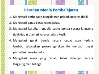 Peranan Media Pembelajaran
1. Mengatasi perbedaan pengalaman pribadi peserta didik.
2. Mengatasi batas-batas ruang kelas.
3. Mengatasi kesulitan apabila suatu benda secara langsung
  tidak dapat diamati karena terlalu kecil.
4. Mengatasi gerak     benda secara cepat atau       terlalu
  lambat, sedangkan proses gerakan itu menjadi pusat
  perhatian peserta didik.
5. Mengatasi suara yang terlalu halus didengar secara
  langsung oleh telinga
 