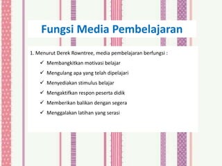 Fungsi Media Pembelajaran
1. Menurut Derek Rowntree, media pembelajaran berfungsi :
     Membangkitkan motivasi belajar
     Mengulang apa yang telah dipelajari
     Menyediakan stimulus belajar
     Mengaktifkan respon peserta didik
     Memberikan balikan dengan segera
     Menggalakan latihan yang serasi
 