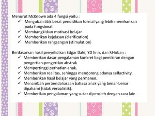 Menurut McKnown ada 4 fungsi yaitu :
   Mengubah titik berat pendidikan formal yang lebih menekankan
     pada fungsional.
   Membangkitkan motivasi belajar
   Memberikan kejelasan (clarification)
   Memberikan rangsangan (stimulation)

Berdasarkan hasil penyelidikan Edgar Dale, YD finn, dan F.Hoban :
    Memberikan dasar pengalaman konkret bagi pemikiran dengan
      pengertian-pengertian abstrak
    Mempertinggi perhatian anak.
    Memberikan realitas, sehingga mendorong adanya selfactivity.
    Memberikan hasil belajar yang permanen.
    Menambah perbendaharaan bahasa anak yang benar-benar
      dipahami (tidak verbalistik).
    Memberikan pengalaman yang sukar diperoleh dengan cara lain.
 
