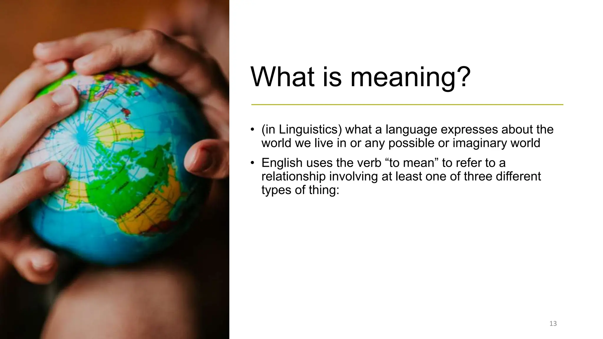 What is meaning?
• (in Linguistics) what a language expresses about the
world we live in or any possible or imaginary world
• English uses the verb “to mean” to refer to a
relationship involving at least one of three different
types of thing:
2/26/2024 13
 