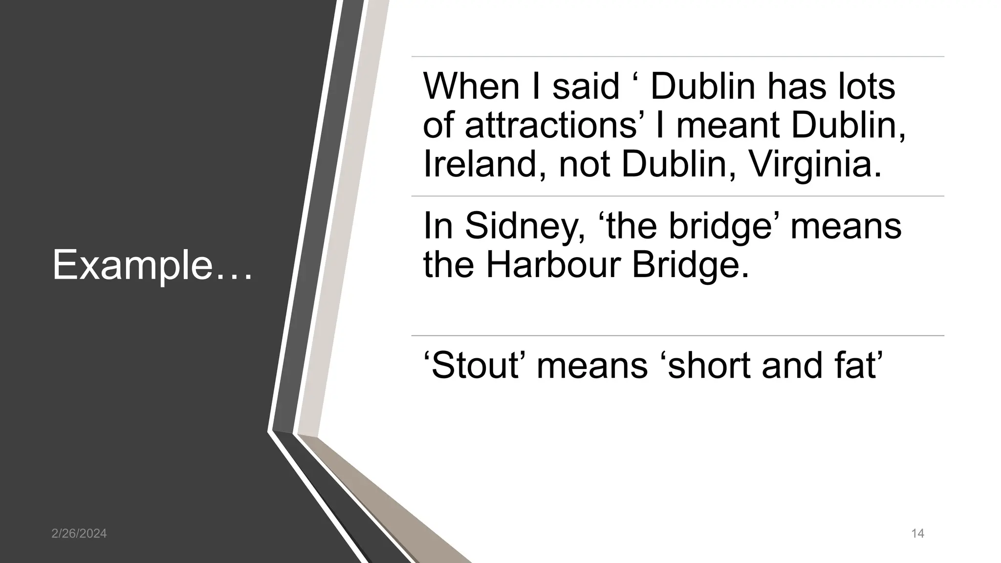 Example…
2/26/2024 14
When I said ‘ Dublin has lots
of attractions’ I meant Dublin,
Ireland, not Dublin, Virginia.
In Sidney, ‘the bridge’ means
the Harbour Bridge.
‘Stout’ means ‘short and fat’
 