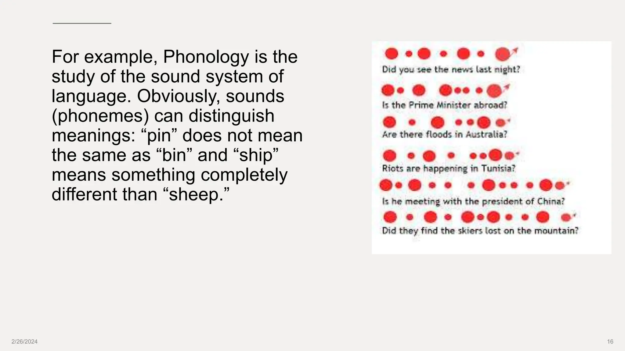 2/26/2024 16
For example, Phonology is the
study of the sound system of
language. Obviously, sounds
(phonemes) can distinguish
meanings: “pin” does not mean
the same as “bin” and “ship”
means something completely
different than “sheep.”
 