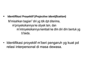  Identifikasi Proyektif (Projective Identification)
M’misahkan bagian” diri yg tdk dpt diterima,
m’proyeksikannya ke obyek lain, dan
m’introyeksikannya kembali ke dlm diri dlm bentuk yg
b’beda.
• Identifikasi proyektif m’beri pengaruh yg kuat pd
relasi interpersonal di masa dewasa.
 