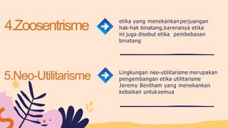 etika yang menekankan perjuangan
hak-hak binatang,karenanya etika
ini juga disebut etika pembebasan
binatang
Lingkungan neo-utilitarisme merupakan
pengembangan etika utilitarisme
Jeremy Bentham yang menekankan
kebaikan untuksemua
4.Zoosentrisme
5.Neo-Utilitarisme
 