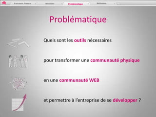 Problématique

Quels sont les outils nécessaires


pour transformer une communauté physique


en une communauté WEB


et permettre à l’entreprise de se développer ?
 