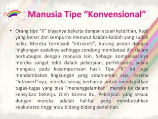 Manusia Tipe “Konvensional”
• Orang tipe “K” biasanya bekerja dengan acuan ketelitian, hasil
  yang benar dan sempurna menurut kaidah-kaidah yang sudah
  baku. Mereka termasuk “introvert”, kurang peduli dengan
  lingkungan sosialnya sehingga condong membatasi diri dalam
  berhubugan dengan manusia lain. Sebagai kompensasinya
  mereka sangat teliti dalam pekerjaan, perfeksionis, selalu
  mengacu pada kesempurnaan hasil. Tipe “K” ini juga
  mendambakan lingkungan yang aman-aman saja. Karena
  “introvert”nya, mereka sering berharap untuk mendapatkan
  tugas-tugas yang bisa “menenggelamkan” mereka ke dalam
  keasyikan bekerja. Oleh karena itu. Pekerjaan yang sesuai
  dengan mereka adalah hal-hal yang membutuhkan
  keakuratan tinggi atau bidang-bidang penelitian.
 