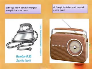 c) Energi listrik berubah menjadi 
energi kalor atau panas 
d) Energi listrik berubah menjadi 
energi bunyi 
 