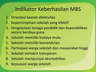 Indikator Keberhasilan MBS
1. Orientasi kearah efektivitas
2. Kepemimpinan sekolah yang efektif
3. Pengelolaan tenaga pendidik dan kependidikan
   secara berdaya guna
4. Sekolah memiliki budaya mutu
5. Sekolah memiliki kemandirian
6. Partisipasi warga sekolah dan masyarakat tinggi
7. Sekolah semakin transparan
8. Sekolah mempunyai akuntabilitas
9. Kepuasan warga sekolah
 