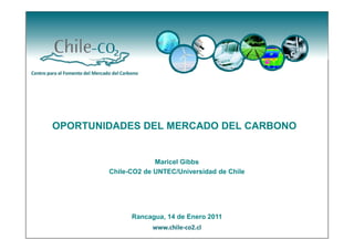 OPORTUNIDADES DEL MERCADO DEL CARBONO


                     Maricel Gibbs
        Chile-CO2 de UNTEC/Universidad de Chile




              Rancagua, 14 de Enero 2011
 