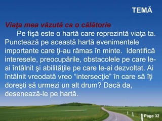 Page 32
TEMĂ
Viaţa mea văzută ca o călătorie
Pe fişă este o hartă care reprezintă viaţa ta.
Punctează pe această hartă evenimentele
importante care ţi-au rămas în minte. Identifică
interesele, preocupările, obstacolele pe care le-
ai întâlnit şi abilităţile pe care le-ai dezvoltat. Ai
întâlnit vreodată vreo “intersecţie” în care să îţi
doreşti să urmezi un alt drum? Dacă da,
desenează-le pe hartă.
 