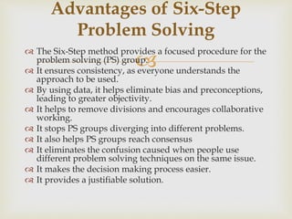 
 The Six-Step method provides a focused procedure for the
problem solving (PS) group.
 It ensures consistency, as everyone understands the
approach to be used.
 By using data, it helps eliminate bias and preconceptions,
leading to greater objectivity.
 It helps to remove divisions and encourages collaborative
working.
 It stops PS groups diverging into different problems.
 It also helps PS groups reach consensus
 It eliminates the confusion caused when people use
different problem solving techniques on the same issue.
 It makes the decision making process easier.
 It provides a justifiable solution.
Advantages of Six-Step
Problem Solving
 