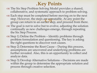 
 The Six Step Problem Solving Model provides a shared,
collaborative, and systematic approach to problem solving.
 Each step must be completed before moving on to the next
step. However, the steps are repeatable. At any point the
group can return to an earlier step, and proceed from there.
 The goal is not to solve but to evolve, adjusting the solution
continually as new challenges emerge, through repeating
the Six Step Process.
 Step 1) Define the Problem – Identify problems through
problem formulation and questioning. The key is asking
the right questions to discover root causes.
 Step 2) Determine the Root Cause – During this process,
assumptions are uncovered and underlying problems are
further revealed. Also, this is an opportunity to collect and
analyze data.
 Step 3) Develop Alternative Solutions – Decisions are made
within the group to determine the appropriate solution and
process through creative selection.
.Key Points
 