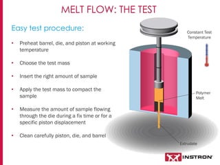 Easy test procedure:
• Preheat barrel, die, and piston at working
temperature
• Choose the test mass
• Insert the right amount of sample
• Apply the test mass to compact the
sample
• Measure the amount of sample flowing
through the die during a fix time or for a
specific piston displacement
• Clean carefully piston, die, and barrel
MELT FLOW: THE TEST
Polymer
Melt
Extrudate
Constant Test
Temperature
 