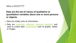What is DATA?????
 Data are simply units of information.
 Data are measured, collected, reported, analyzed, and
used to create data visualizations such as graphs, tables
or Images.
Data are the set of values of qualitative or
quantitative variables about one or more persons
or objects.
 