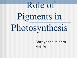 Role of
Pigments in
Photosynthesis
Shreyasha Mishra
MH-IV
 
