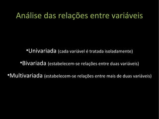 Análise das relações entre variáveis Univariada  (cada variável é tratada isoladamente) Bivariada  (estabelecem-se relações entre duas variáveis) Multivariada  (estabelecem-se relações entre mais de duas variáveis) 