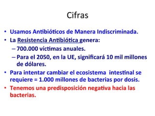 Cifras	
  
•  Usamos	
  An3bió3cos	
  de	
  Manera	
  Indiscriminada.	
  
•  La	
  Resistencia	
  An3bió3ca	
  genera:	
  
– 700.000	
  víc3mas	
  anuales.	
  
– Para	
  el	
  2050,	
  en	
  la	
  UE,	
  signiﬁcará	
  10	
  mil	
  millones	
  
de	
  dólares.	
  
•  Para	
  intentar	
  cambiar	
  el	
  ecosistema	
  	
  intes3nal	
  se	
  
requiere	
  =	
  1.000	
  millones	
  de	
  bacterias	
  por	
  dosis.	
  
•  Tenemos	
  una	
  predisposición	
  nega3va	
  hacia	
  las	
  
bacterias.	
  
 