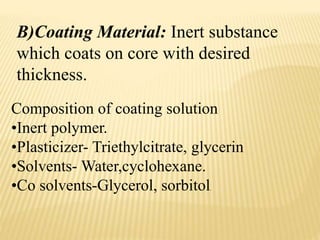 B)Coating Material: Inert substance
which coats on core with desired
thickness.
Composition of coating solution
•Inert polymer.
•Plasticizer- Triethylcitrate, glycerin
•Solvents- Water,cyclohexane.
•Co solvents-Glycerol, sorbitol.
 