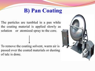 B) Pan Coating
The particles are tumbled in a pan while
the coating material is applied slowly as
solution or atomized spray to the core.
To remove the coating solvent, warm air is
passed over the coated materials or dusting
of talc is done.
 
