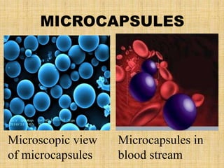 MICROCAPSULES
Microcapsules in
blood stream
Microscopic view
of microcapsules
 