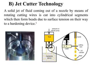 B) Jet Cutter Technology
A solid jet of fluid coming out of a nozzle by means of
rotating cutting wires is cut into cylindrical segments
which then form beads due to surface tension on their way
to a hardening device.1
 