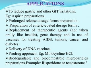 APPLICATIONS
To reduce gastric and other GIT irritations.
Eg: Aspirin preparations.
Prolonged release dosage forms preparation.
 Preparation of enteric-coated dosage forms .
Replacement of therapeutic agents (not taken
orally like insulin), gene therapy and in use of
vaccines for treating AIDS, tumors, cancer and
diabetes.
Delivery of DNA vaccines.
Prodrug approach. Eg: Minocycline HCl.
Biodegradable and biocompatible microparicles
preparations.Example: Risperidone or testosterone.5
 