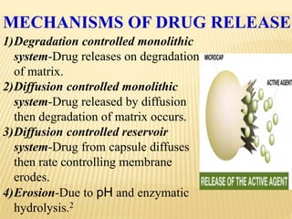 MECHANISMS OF DRUG RELEASE
1)Degradation controlled monolithic
system-Drug releases on degradation
of matrix.
2)Diffusion controlled monolithic
system-Drug released by diffusion
then degradation of matrix occurs.
3)Diffusion controlled reservoir
system-Drug from capsule diffuses
then rate controlling membrane
erodes.
4)Erosion-Due to pH and enzymatic
hydrolysis.2
 