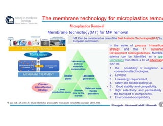 MT Can be considered as one of the Best Available Technologies(BAT)*by
European commission.
In the wake of process Intensifica
strategy and the 17 sustainab
Development Goalsguidelines, Membra
science can be identified as a gre
technology that offers a lot of advantage
such as:
1 . the possibility of integration w
conventionaltechnologies,
2 . Lowcost,
3 . Lowenergy requirement,
4. safety and flexiblescaling up,
5 . Good stability and compatibility,
6. High selectivity and permeability
the transport of components,
7. Environment-compatibility.
The membrane technoIogy for micropIastics remov
Microplastics Removal
Membrane technology(MT) for MP removal
*T. poe rio,E. piAcentini,R. MAzze i,MembrAne processes for micropIAstic removAI,MoIecu Ies,24 (2019),4148.
 
