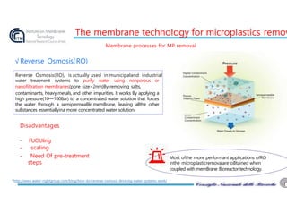 Reverse Osmosis(RO), is actually used in municipaland industrial
water treatment systems to purify water using nonporous or
nanofiltration memBranes(pore size>2nm)By removing salts,
contaminants, heavy metals, and other impurities. It works By applying a
high pressure(10—100Bar) to a concentrated water solution that forces
the water through a semipermeaBle memBrane, leaving allthe other
suBstances essentiallyina more concentrated water solution.
The membrane technoIogy for micropIastics remov
Most ofthe more performant applications ofRO
inthe microplasticremovalare oBtained when
coupled with memBrane Bioreactor technology.
- FUOUIing
- scaIing
- Need Of pre-treatment
steps
√Reverse Osmosis(RO)
*http://www.water-rightgroup.com/blog/how-do-reverse-osmosis-drinking-water-systems-work/
Membrane processes for MP removal
Disadvantages
 