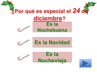 ¿Por qué es especial el 24 de
diciembre?
Es la
Nochebuena
Es la Navidad
Es la
Nochevieja
 