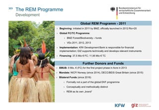 The REM Programme
Development
› Beginning: initiated in 2011 by BMZ; officially launched in 2012 Rio+20
› Global FC/TC Programme:
› BMZ Forest/Biodiversity – funds
› VEs 2011, 2012, 2013
› Implementation: KfW Development Bank is responsible for financial
implementation; GIZ supports technically and develops relevant instruments
› Financing: 37,5 Mio € FC; 11,95 Mio € TC
Global REM Programm - 2011
› BMUB: 9 Mio. € (FC) for the first project phase in Acre in 2013
› Mandate: NICFI Norway (since 2014), DECC/BEIS Great Britain (since 2015)
› Bilateral Funds (since 2016)
› Formally not a part of the global EKF programme
› Conceptually and methodically distinct
› REM as its own „brand“
Further Donors and Funds
 