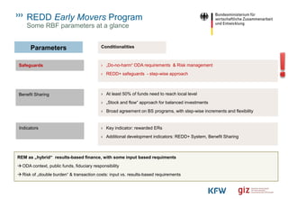 REDD Early Movers Program
Parameters
Some RBF parameters at a glance
Conditionalities
Benefit Sharing
› Key indicator: rewarded ERs
› Additional development indicators: REDD+ System, Benefit Sharing
Safeguards › „Do-no-harm“ ODA requirements & Risk management
› REDD+ safeguards - step-wise approach
› At least 50% of funds need to reach local level
› „Stock and flow“ approach for balanced investments
› Broad agreement on BS programs, with step-wise increments and flexibility
Indicators
REM as „hybrid“ results-based finance, with some input based requiments
→ ODA context, public funds, fiduciary responsibility
→ Risk of „double burden“ & transaction costs: input vs. results-based requirements
 