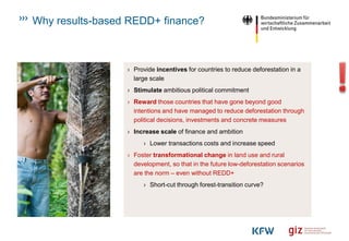 Why results-based REDD+ finance?
REM Kriterien!
› Provide incentives for countries to reduce deforestation in a
large scale
› Stimulate ambitious political commitment
› Reward those countries that have gone beyond good
intentions and have managed to reduce deforestation through
political decisions, investments and concrete measures
› Increase scale of finance and ambition
› Lower transactions costs and increase speed
› Foster transformational change in land use and rural
development, so that in the future low-deforestation scenarios
are the norm – even without REDD+
› Short-cut through forest-transition curve?
 