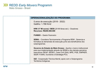 34
REDD Early Movers Programm
Mato Grosso - Brasil
OPERACIONALIZAÇÃO DO PROGRAMA
5 anos de execução (2018 - 2022)
Gatilho: 1.788 Km2
KfW (17 Mi euros) / BEIS (24 Mi libras est.) - Doadores
Recursos: R$200.000.000
FUNBIO – Gestor financeiro
SEMA – Coordena Tecnicamente o Programa REM . Gerencia e
formaliza as demandas de execução junto aos beneficiários dos
subprogramas.
Governo do Estado de Mato Grosso - Aporta o marco institucional
para sua implementação através da SEMA e dos demais parceiros
executivos (SEAF, SEDEC, Casa Civil (SAI), MPE, PGE, EMPAER,
SESP, FUNAI, Ouvidoria e Estratégia PCI)
GIZ - Cooperação Técnica Alemã, apoio com o Subprograma
Territórios Indígenas
 
