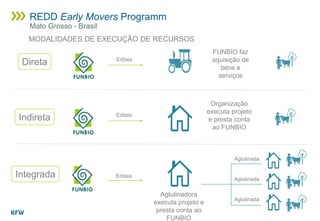 MODALIDADES DE EXECUÇÃO DE RECURSOS
Direta
FUNBIO faz
aquisição de
bens e
serviços
Indireta
Organização
executa projeto
e presta conta
ao FUNBIO
Integrada
Aglutinadora
executa projeto e
presta conta ao
FUNBIO
Aglutinada
Aglutinada
Aglutinada
Editais
Editais
Editais
REDD Early Movers Programm
Mato Grosso - Brasil
 