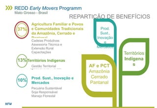 AF e PCT
Amazônia
Cerrado
Pantanal
Territórios
Indígena
s
Prod.
Sust.,
Inovação
e
Mercados
Agricultura Familiar e Povos
e Comunidades Tradicionais
da Amazônia, Cerrado e
Pantanal
Territórios Indígenas
Prod. Sust., Inovação e
Mercados
Pecuária Sustentável
Soja Responsável
Manejo Florestal
Gestão Territorial
Cadeias Produtivas
Assessoria Técnica e
Extensão Rural
Capacitações
10%
13%
37%
REDD Early Movers Programm
Mato Grosso - Brasil
REPARTIÇÃO DE BENEFÍCIOS
 