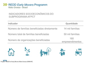 Indicador Quantidade
Número de famílias beneficiadas diretamente 14 mil famílias
Número total de famílias beneficiadas 50 mil famílias
Número de organizações beneficiadas
160
empreendimentos
INDICADORES SOCIOECONÔMICOS DO
SUBPROGRAMA AFPCT
Projeto REDD for Early Movers Mato Grosso (REM MT)
REDD Early Movers Programm
Mato Grosso - Brasil
 