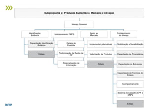 Subprograma C: Produção Sustentável, Mercado e Inovação
Manejo Florestal
Identificação
Botânica
Capacitação Identificação
Botânica
Editais
Monitoramento PMFS
Cadeia de
Custódia
Padronização de Dados de
PP
Sistematização de
Informação
Apoio ao
Mercado
Implementar Alternativas
Valorização de Produtos
Editais
Fortalecimento
do Manejo
Mobilização e Sensibilização
Capacitação de Proprietários
Capacitação de Extratores
Capacitação de Técnicos do
Estado
Acompanhamento
Sistema de Cadastro CPF e
CNPJ
Editais
 