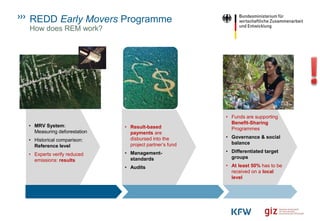 REDD Early Movers Programme
How does REM work?
• MRV System:
Measuring deforestation
• Historical comparison:
Reference level
• Experts verify reduced
emissions: results
• Result-based
payments are
disbursed into the
project partner’s fund
• Management-
standards
• Audits
• Funds are supporting
Benefit-Sharing
Programmes
• Governance & social
balance
• Differentiated target
groups
• At least 50% has to be
received on a local
level
 